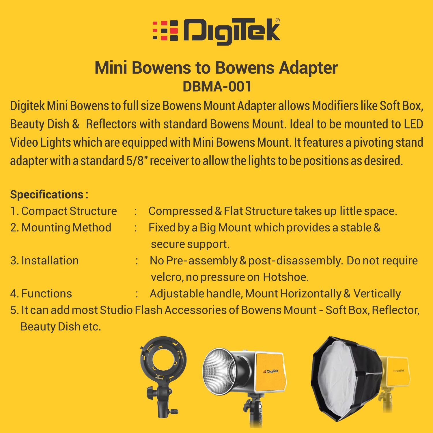 Digitek (DBMA-001) Mini to Full Size Bowens Mount Adapter